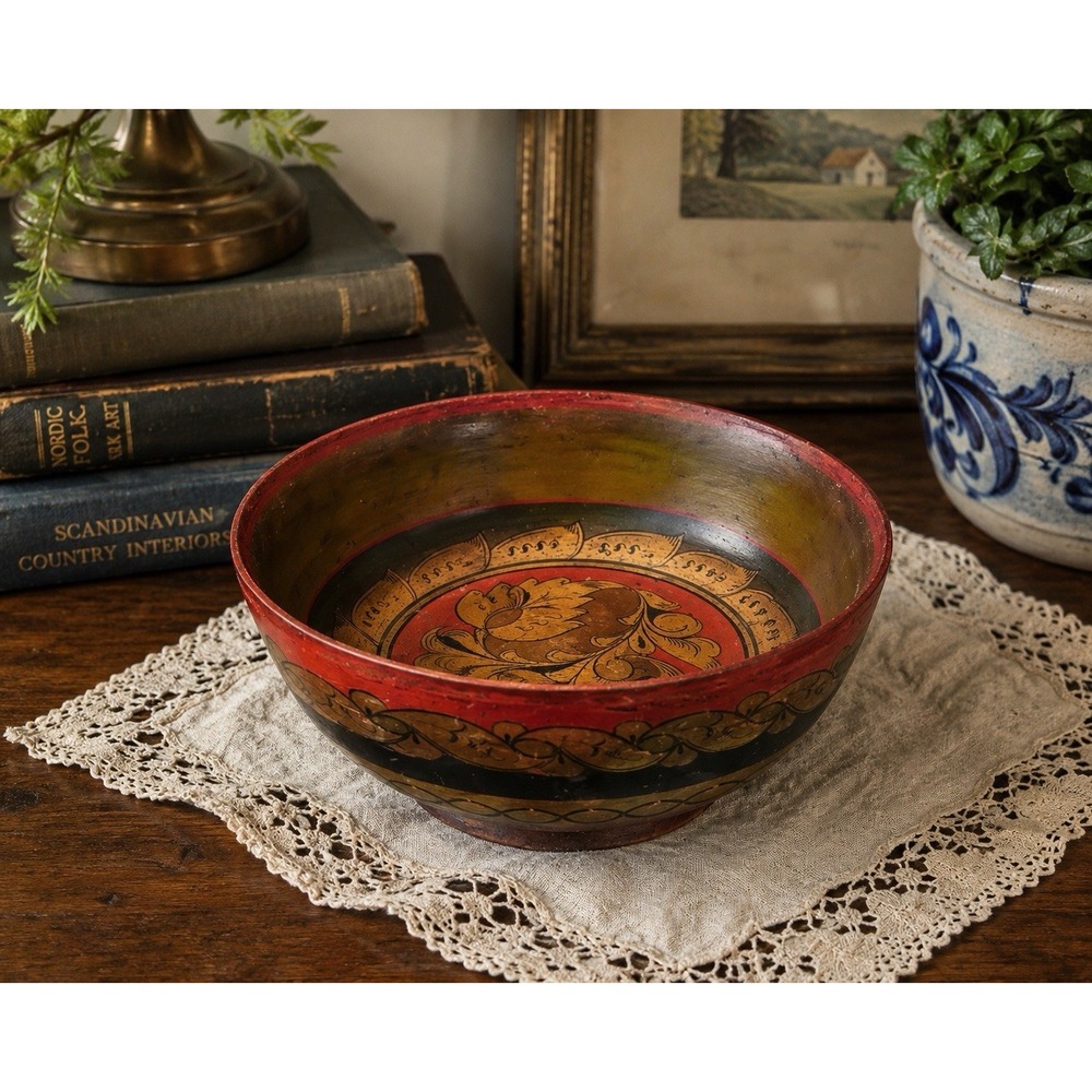 Vintage Hand Painted Wooden Bowl Scandinavian Rosemaling Folk Art 8" Footed